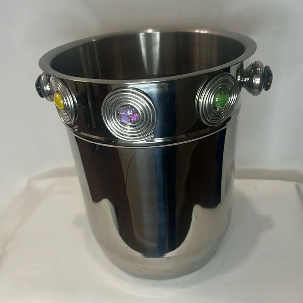 Wine Bucker Gem Adorned Silver Stainless Steel Large 10 In Tall 8 3/4 In Round